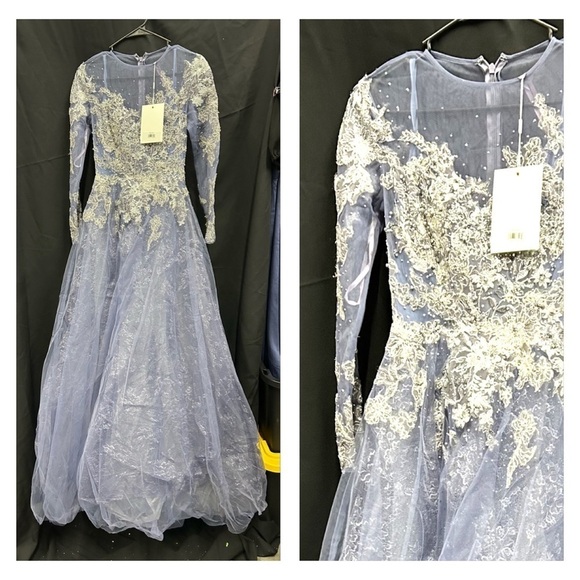 Mac Duggal Dresses & Skirts - MAC DUGGAL 20441 NWT Embellished V Neck Long Sleeve A Line Gown in Slate Blue